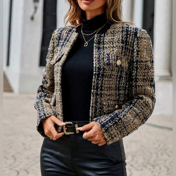 New Luxe Plaid Tweed Jacket Blazer Tan Blue Black - Picture 3 of 9